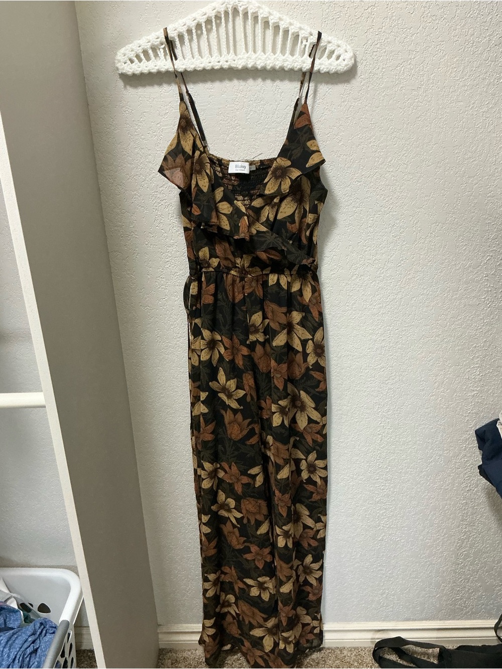 Bluivy Black Floral Maxi Jumpsuit with Brown and Tan Leaves